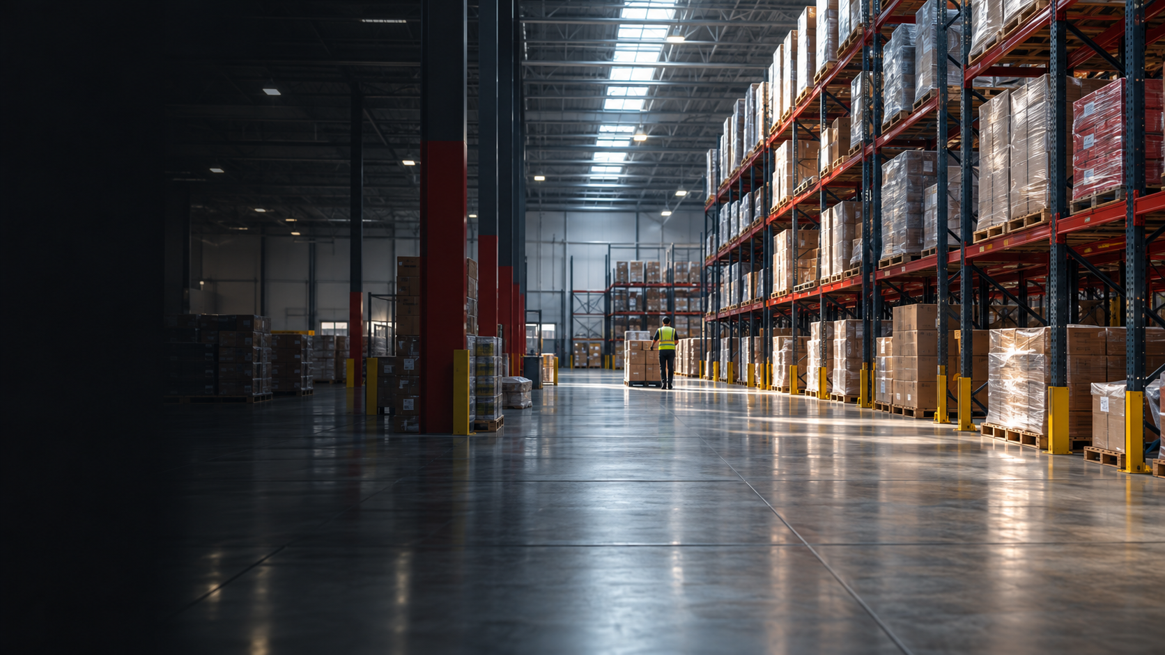 A clean, organized warehouse with pallet racking and an associate