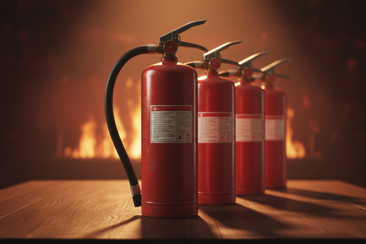 create banner image of fire extinguishers lined up on a table, in a cinematic, close up way